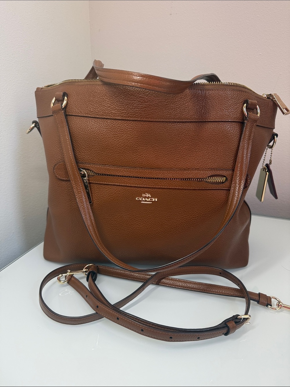 Coach Tyler Tote Bag - Saddle Brown with Gold-Tone Accents Pebbled Leather